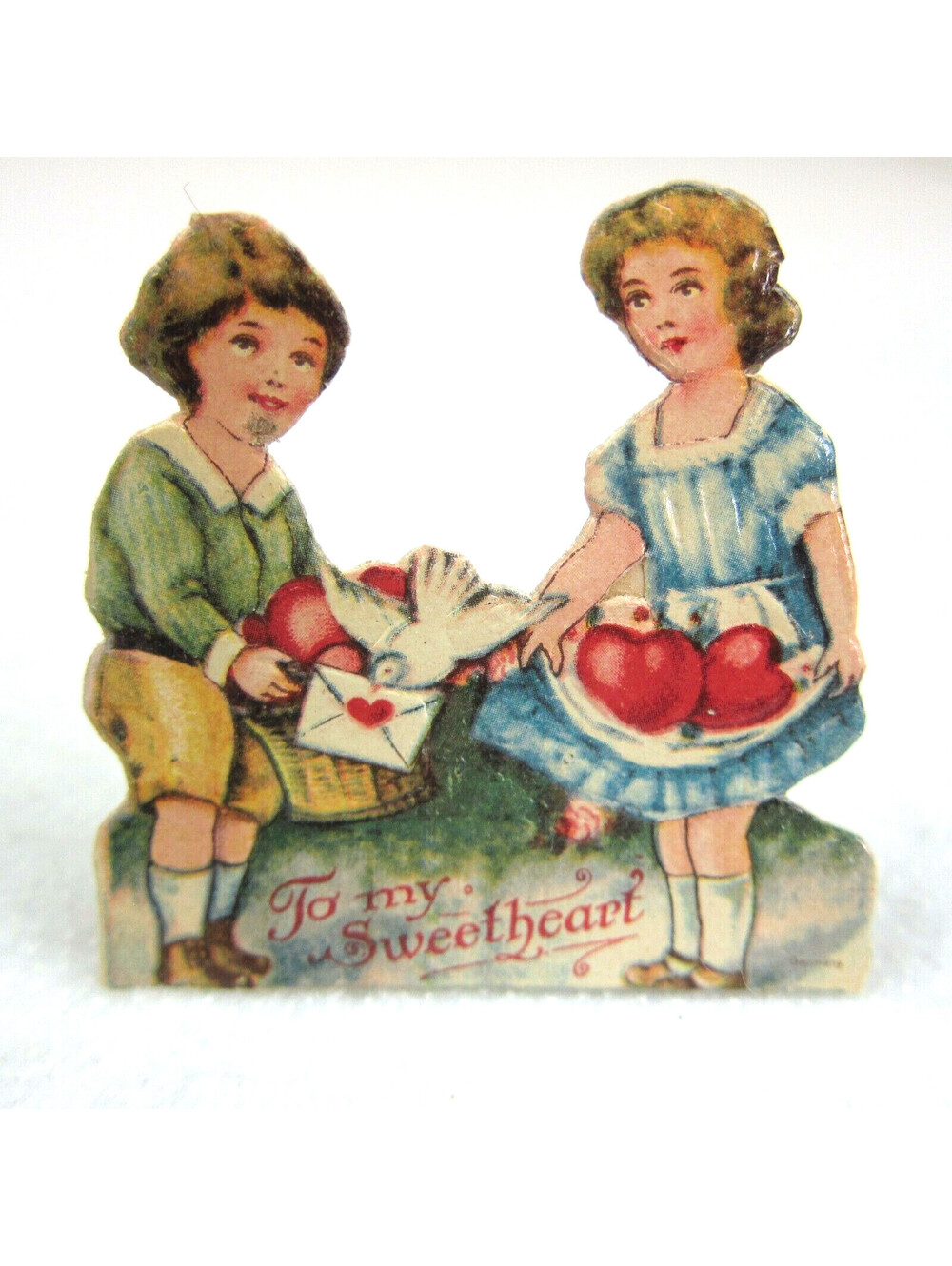 Vintage Valentine Die Cut Stand Up Boy Girl Heart Dove 1920-30s Germany UNSIGNED